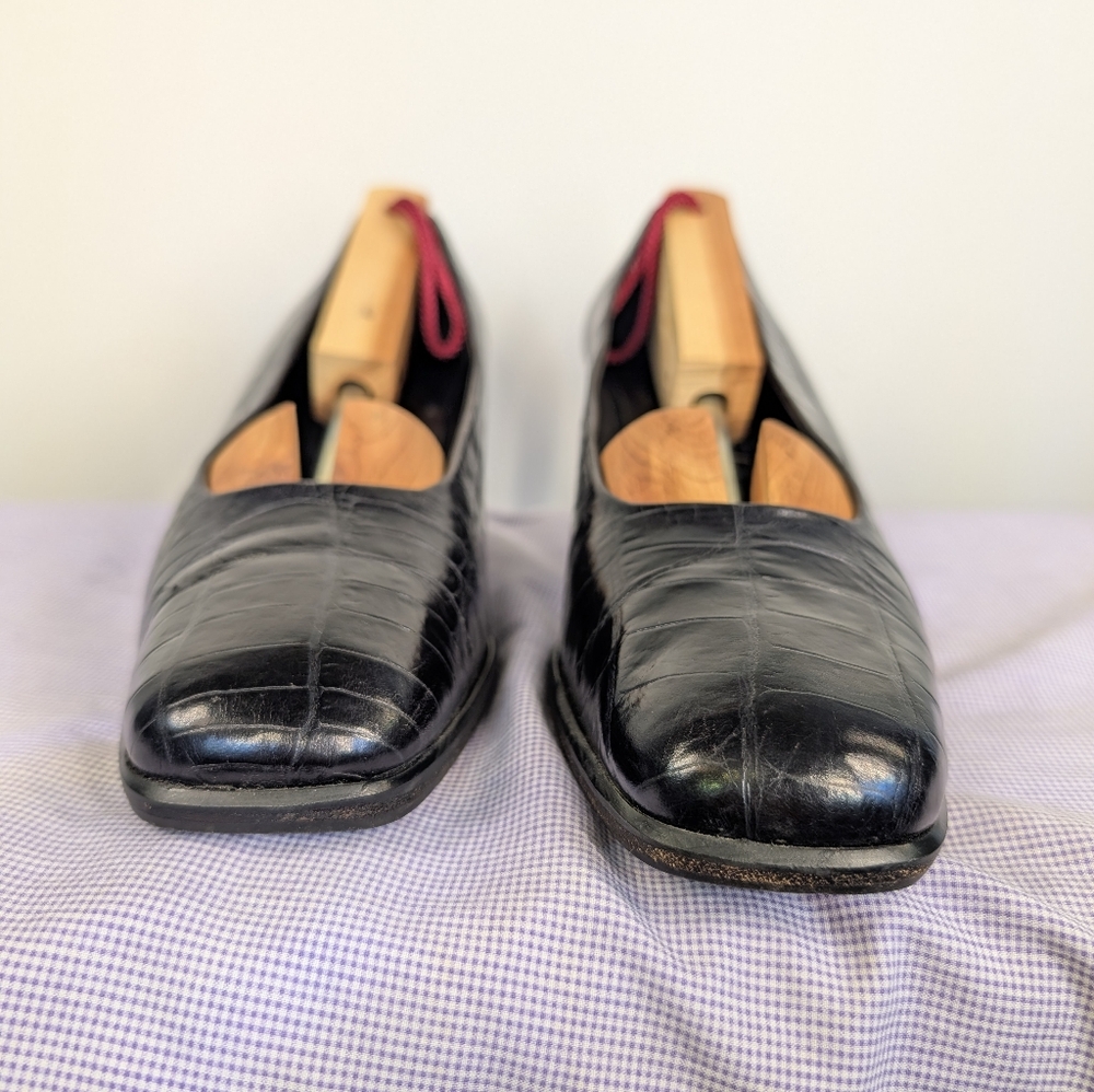 Y2K Amalfi Black Croc-Embossed Leather Pumps | Made in Italy Square Toe Heels - Picture 2 of 12